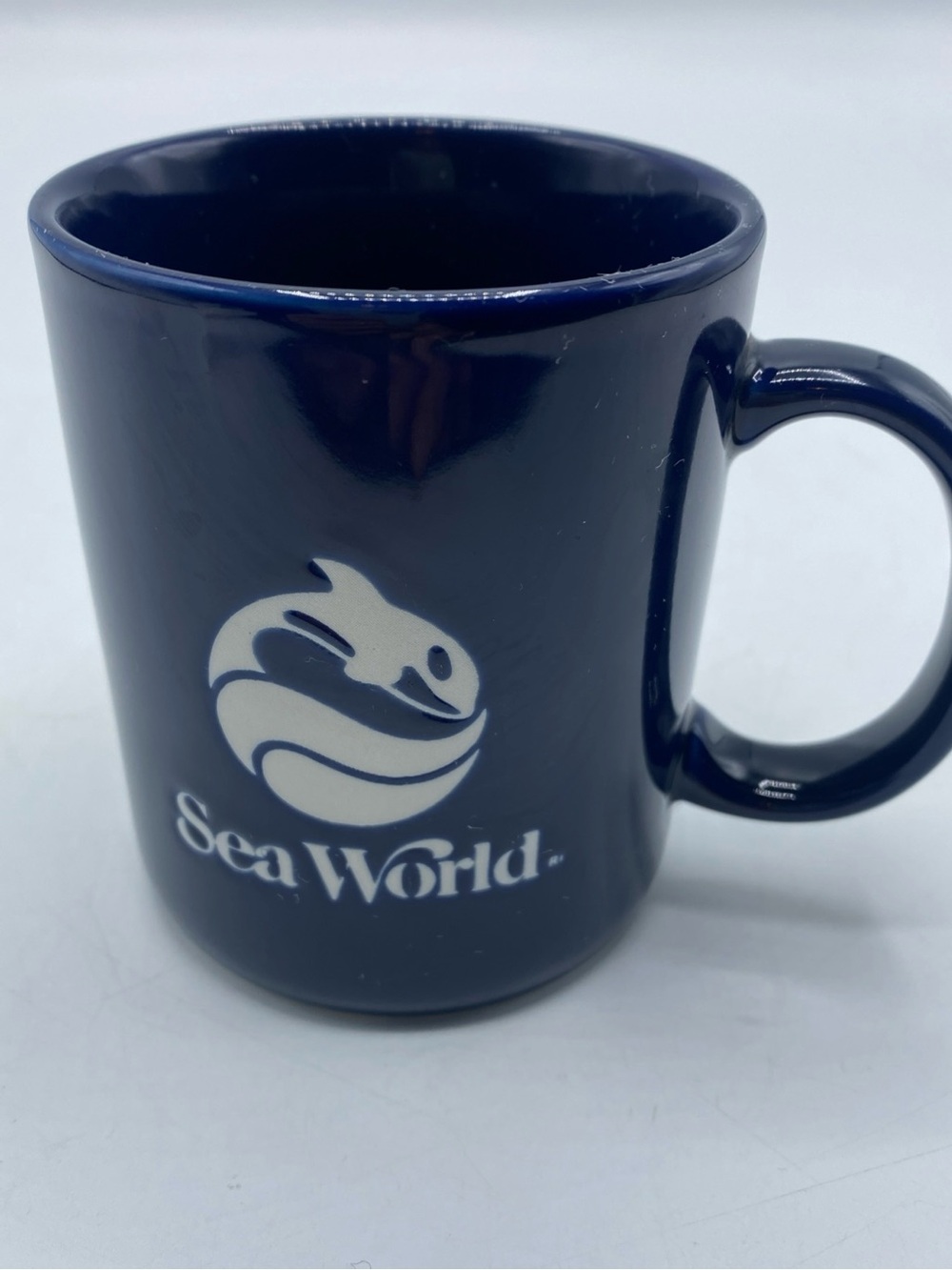 Embossed Sea World Logo Souvenir Blue & White Ceramic Coffee Cup Mug Vintage